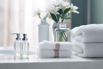 Wall Mural - Close-up of spa products arranged on a white table in a bathroom, creating an inviting atmosphere for beauty treatment.