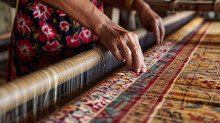 In A Traditional Silk Weaving Workshop, Skilled Artisans Create Intricate Patterns Using Silk Threads On Wooden Looms. The Combination Of Craftsmanship And Cultural Heritage Is Evi