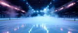 Fototapeta Sport - Ice Rink Background. Professional Arena illuminated neon lights, spotlights with smoke. Copyspace. Winter poster for hockey competitions. Ice skating. Stadium. Generative ai