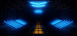 Fototapeta Przestrzenne - Neon Laser Futuristic Warehouse Sci Fi Spaceship Hangar Bunker Tunnel Corridor Showroom Empty Space Glowing Blue Red Lights Catwalk Cyber Garage 3D Rendering