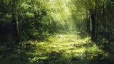 Fototapeta Las - abstract background with texture of a green, sun-dappled forest floor - AI Generated Abstract Art