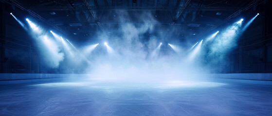 Wall Mural - Ice Rink Background. Professional Arena illuminated neon lights, spotlights with smoke. Copyspace. Winter poster for hockey competitions. Ice skating. Stadium. Generative ai