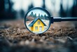 The concept of house search and market investments, depicted through a magnifying glass focusing on houses, symbolizing a scrutiny of the real estate market.