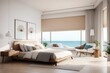 © Basileus - Interior home design of modern bedroom with white bed, seaside house and white wall