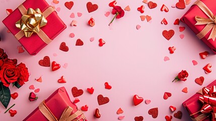 Wall Mural - Valentine's day flat lay with red gift boxes - AI Generated