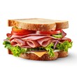 © Happy Lab - Open sandwich with ham cutout minimal isolated on white background. Template realistic sandwich, icon, detailed. Grocery product advertising. Homemade sandwich close up.