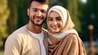 © Alex - Portrait of a happy muslim couple in the park at sunset Generative AI
