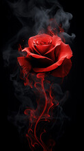 Red Rose With Smoke Isolated On Black Background, Close-up.