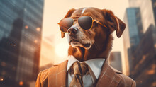 Cute Dog Wearing A Suit And Glasses With City