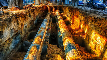 Wall Mural - Construction site with pipes and trench, showcasing underground infrastructure work and engineering technology.