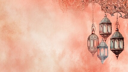 Wall Mural - Arabic ramadan lanterns and islamic ornaments for ramadan background in peach watercolor - AI Generated Abstract Art