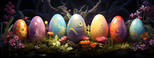 Whimsical Decorated Easter Eggs In The Grass With Flowers. Colorful Easter Concept. Dark Background. 