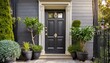 Black front door, front door of a house adorned potted plants. Front door, black front door