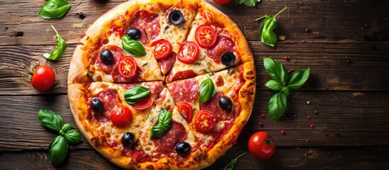 Sticker - Top view of a pizza with tomato, salami, and olives, sliced.