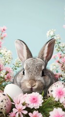 Wall Mural - Easter bunny rabbit with colorful egg. Easter holiday concept.