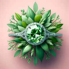 Wall Mural - Green diamond engagement wedding ring symbol isolated on white background