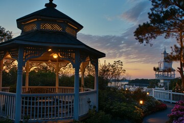 Poster - Serene twilight gazebos, offering peaceful refuge in the hour between day and night - Generative AI