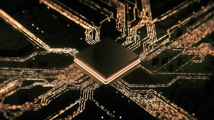 Advanced Mobile Microprocessor Chip Connecting with a Motherboard and Activates entire System. Technology Background. Energy Pulse Expanding after CPU Connected to Socket. 3d animation, 4K
