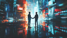 Two Businessman Shaking Hands In Front Of A Background With Data