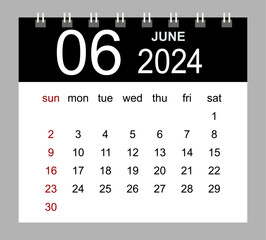 Wall Mural - June 2024. Vector monthly calendar template 2024 year in simple style for template design. Week starts from Sunday.