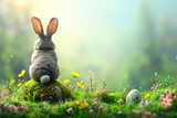 Fototapeta  - mockup easter egg and chubby cute bunny on green meadow