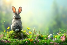 Mockup Easter Egg And Chubby Cute Bunny On Green Meadow