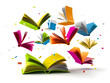 © Some - Open colorful hardcover books flying on white background.