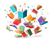 Open colorful hardcover books flying on white background.