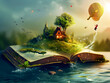 Concept of an open magic book; The imaginary world of a happy little child with a small house on a hill and beautiful nature. Lifestyle and education.