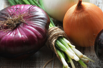 Wall Mural - different varieties of onions - green, yellow, white and red onions