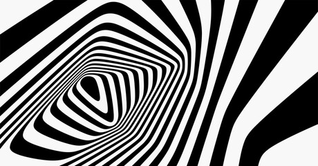 Poster - The geometric background by stripes. Black and white modern pattern with optical illusion. 3d vector illustration for brochure, annual report, magazine, poster, presentation, flyer or banner.