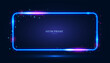 Neon rectangular frame with shining effects and highlights on a dark blue background. Abstract futuristic banner. Vector illustration.