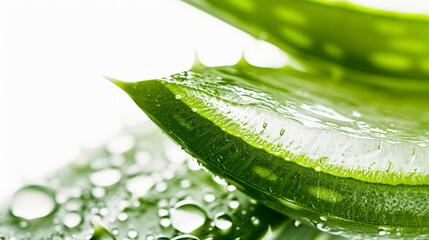 An elegant close-up of an aloe vera slice, showcasing its juicy, gel-filled interior and vibrant green edges, set against a stark white background for maximum contrast