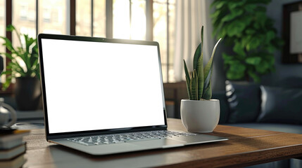 Laptop with blank white screen on the desk, mock up. Personal laptop computer on wood table in living room with modern interior