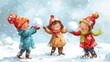 © ElenaElena - Cheerful children playing snowballs, cute illustration