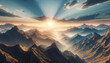 Radiant sunrise casting rays over a rugged mountainous region. Generative AI