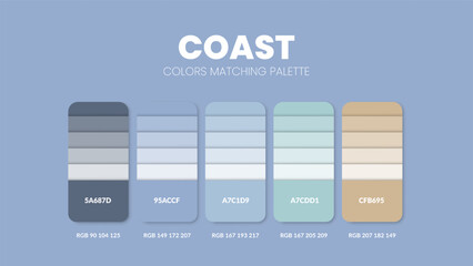 Wall Mural - Color palette in Coast colour theme collections. Color inspiration or colour chart with codes template. Color combination set of RGB. Colors swatch for graphic design, art, fashion or website. Vector.