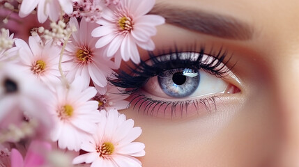 Wall Mural - eye spring makeup woman with a flowers. spring makeup beauty
