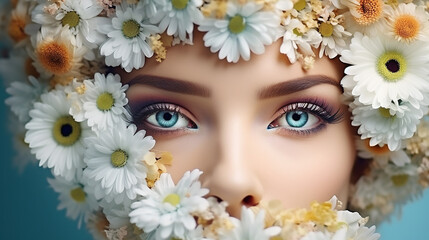 Wall Mural - spring makeup beauty with eye spring makeup woman with a flowers.