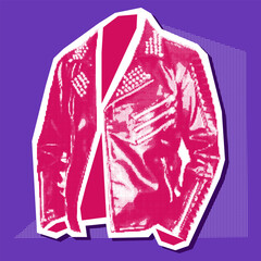 Wall Mural - A rocker leather jacket with a grunge-pop-art-rock collage. Pink and white picture on blue. The clothes look like a clipping from a magazine. Bright large and small dots create the shape of the object