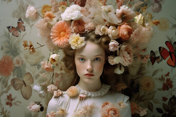 Wall Mural - Beauty in Bloom: A Young Woman Posing with Curly Hair and a Floral Dress, Radiating Elegance and Glamour against a White Background