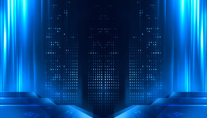 Wall Mural - abstract scene from rays of light with stairs, blue neon, spotlights.