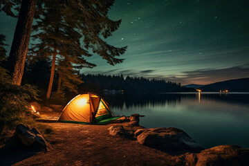 a tent camping besides a beautiful lake