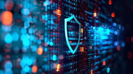 An encrypted code on a computer screen with a shield icon, Secure Software Development, blurred background, with copy space