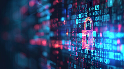Wall Mural - a conceptual image of a digital lock integrated into code, secure software development, blurred back