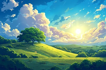 Wall Mural - sky nature landscape hill sunny season cartoon background