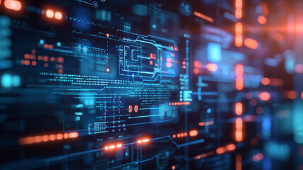A virtual interface with secure data transfer graphics, Secure Software Development, blurred background, with copy space
