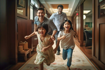 Two men and a little girl family running down a hallway. Happy family is playing.