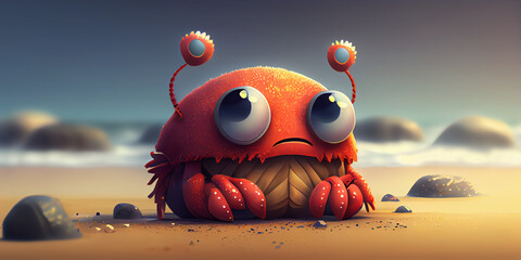 Character, cartoon crab on the sandy beach. Abstract illustration.