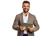 © tong2530 - A happy salesman stand holding tablet isolated on a transparent background.